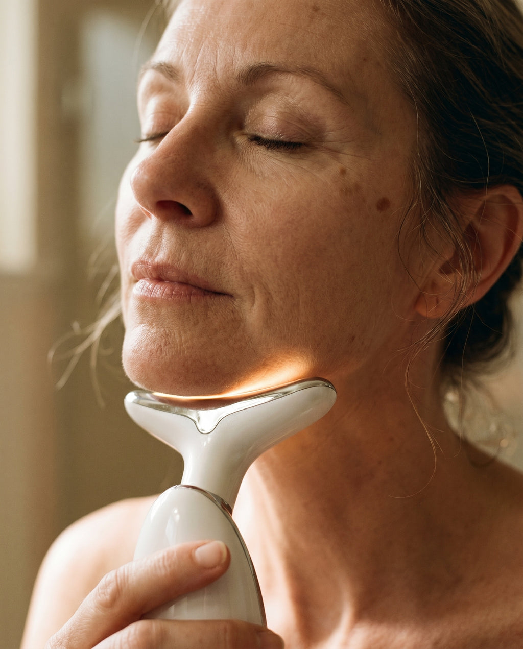 Close-up of the Auré sculptor against the jawline with LED glow