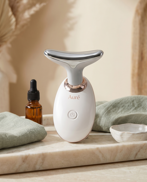 Aure 7-in-1 LED facial sculptor on a marble vanity