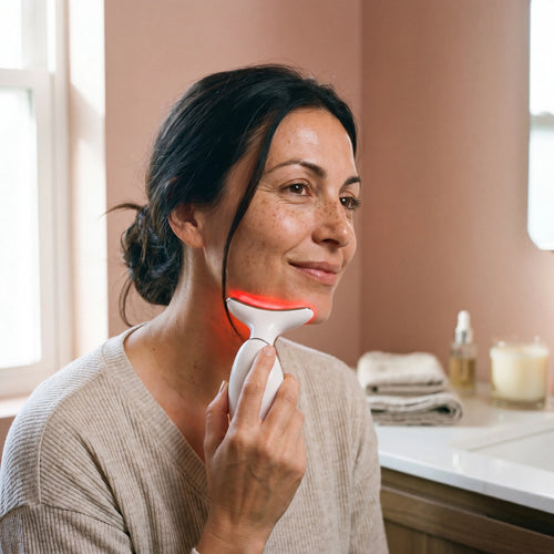 Woman using the Aure LED facial sculptor along her jawline